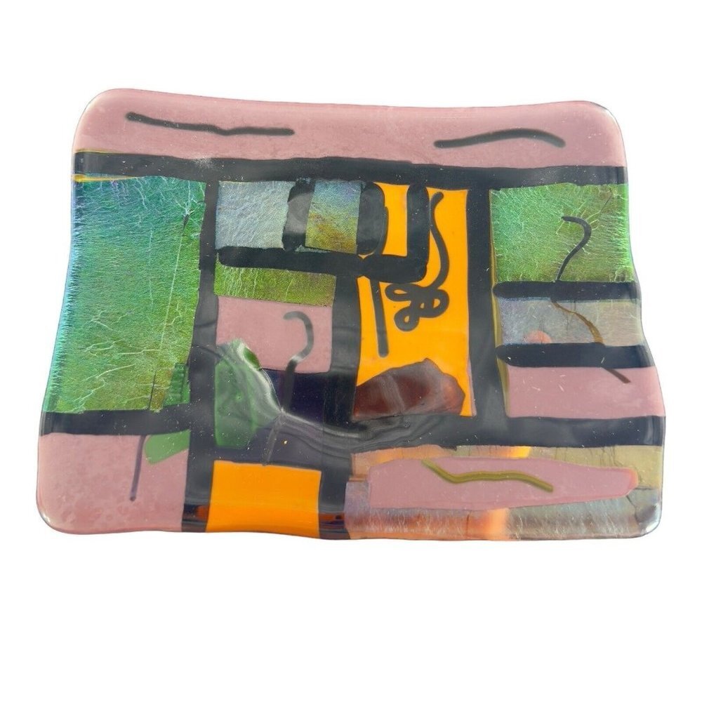 Hand Made Studio Fused Art Glass Dish Plate Multicolor Glass Color Shift Vintage
